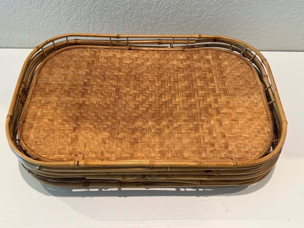 Vintage Bamboo Rattan Woven Serving Tray Set of 5